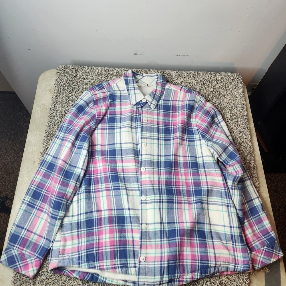 Riders by Lee Women XL Blue Pink Plaid Fleece Lined Flannel Button Down Shirt